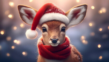 Cute reindeer on Christmas with Santa hat and red scarf