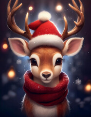 Cute reindeer on Christmas with Santa hat and red scarf