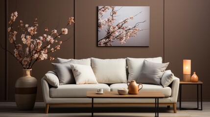 Modern living room with brown walls, beige sofa, decorative vase with flowers, and elegant artwork for contemporary home decor inspiration