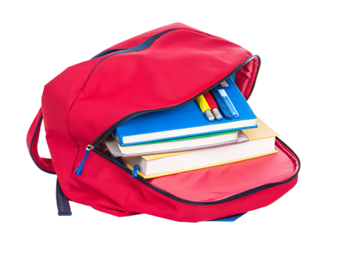  school backpack with stack book and pens isolate on white background