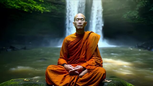 Buddhist monk meditation in the forest waterfall