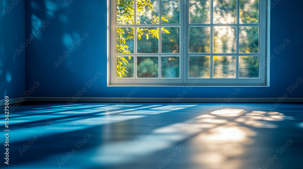 Poster an empty blue room with a large window casting soft shadows and golden sunlight reflecting off the w