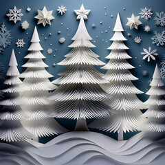 Background of winter pine forest, Merry Christmas and happy new year paper cut and craft style.