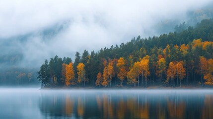 Serene autumn forest near the foggy lake.