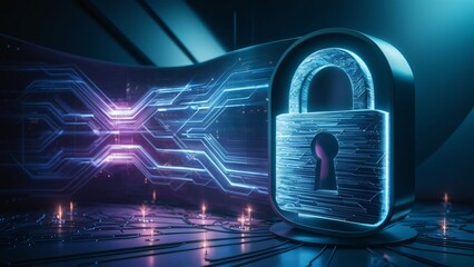 Cybersecurity Concept, Futuristic Padlock on Digital Circuit Board Background