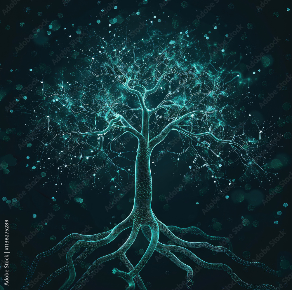 Aufkleber a growing tree with branches in the form of neural nets blue-green contrast colors.