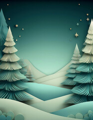 Background of winter pine forest, Merry Christmas and happy new year paper cut and craft style.