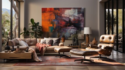 Elegant Modern Living Room Featuring Brown Leather Lounge Chair, Cozy Sofa, Colorful Artwork, and Natural Light in Contemporary Design