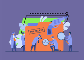 Police detectives searching evidences with magnifying glass flat vector illustration. Cartoon spies or agents in hats, gun and undercover file. Mystery and investigation concept