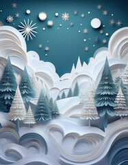 Background of winter pine forest, Merry Christmas and happy new year paper cut and craft style.