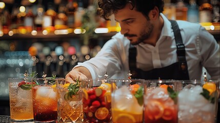 A bartending specialized in crafting unique cocktails for private events. in the middle of the party.
