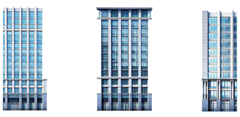 Set of tall office building realistic image on white background.AI GENERATED