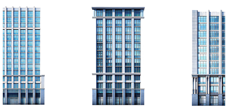 Set of tall office building realistic image on white background.AI GENERATED
