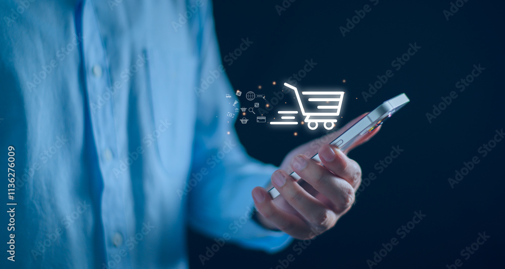 Poster ecommerce online shop concept. add to cart internet web store buy online. business man using smartph