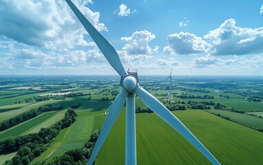Work team of technicians maintaining and installing wind turbines, windmills in the background, promoting renewable energy, sustainable wind energy solutions