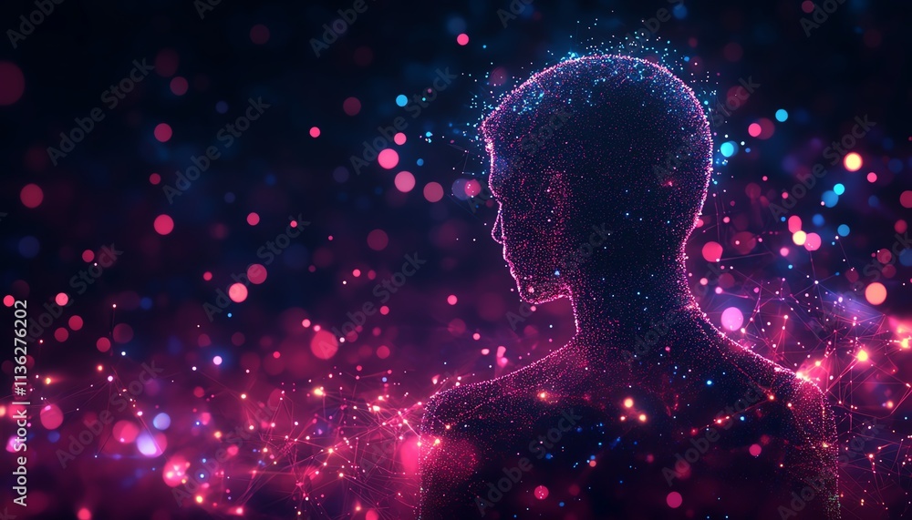 Poster 3d cyberspace with a man in the back view, interacting with animated interfaces of social networks, 