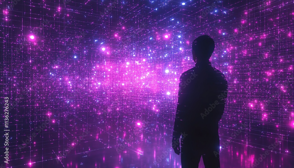 Poster 3d cyberspace with a man in the back view, interacting with animated interfaces of social networks, 