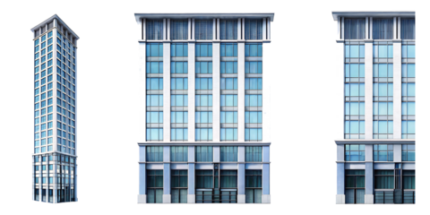 Set of tall office building realistic image on white background.AI GENERATED