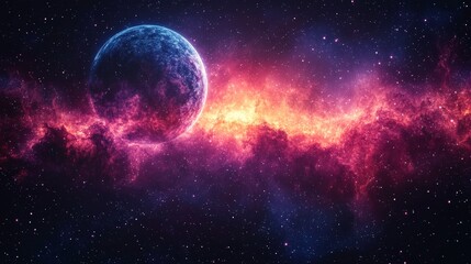 Obraz premium Captivating Cosmic Scene Featuring a Glowing Nebula and a Majestic Planet Surrounded by Stars in a Deep Space Environment of Wonder and Beauty
