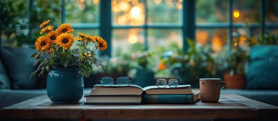 Sunflowers, books, and coffee on a cozy wooden table by a window.