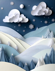 Background of winter pine forest, Merry Christmas and happy new year paper cut and craft style.