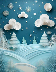 Background of winter pine forest, Merry Christmas and happy new year paper cut and craft style.