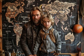Obraz premium A father with his son standing in front of a colorful world map, inspiring adventure and exploration. The boy holds a backpack, symbolizing travel and learning.