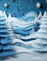 Background of winter pine forest, Merry Christmas and happy new year paper cut and craft style.