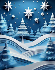 Background of winter pine forest, Merry Christmas and happy new year paper cut and craft style.