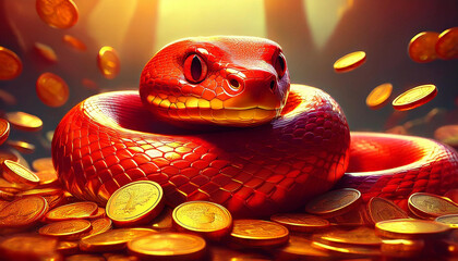Red Snake on gold coins with an Aura of Wealth