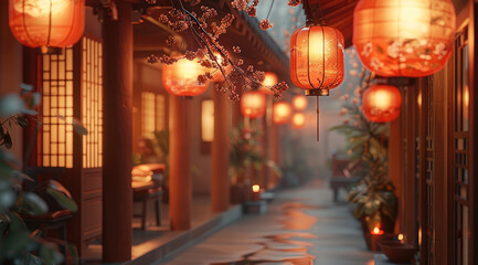 Red lanterns, clay material, warm atmosphere, animated lighting.