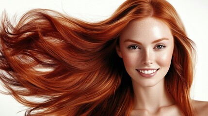 Fototapeta premium Joyful Young Woman with Radiant Long Ginger Locks Exuding Beauty and Style Against a Clean White Backdrop
