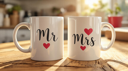 Mr. and Mrs. coffee mugs with hearts on wooden counter