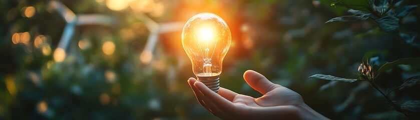 Hand holding a light bulb in a renewable energy landscape, with solar panels and windmills, showcasing clean energy and ecology