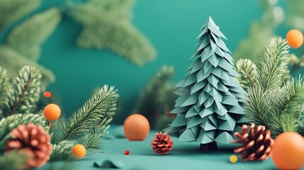 Low poly christmas tree surrounded by pine branches and ornaments on teal background