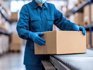 worker in indigo uniform handles box on conveyor in warehouse
