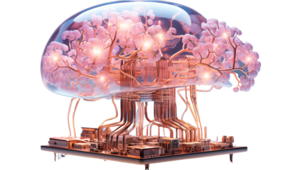 Luminous digital brain with intricate neural designs, symbolizing AI and future tech advancements, isolated on transparent background.