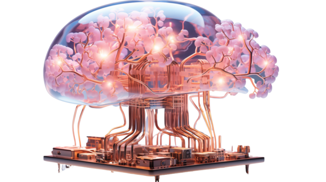 Luminous digital brain with intricate neural designs, symbolizing AI and future tech advancements, isolated on transparent background. - Powered by Adobe