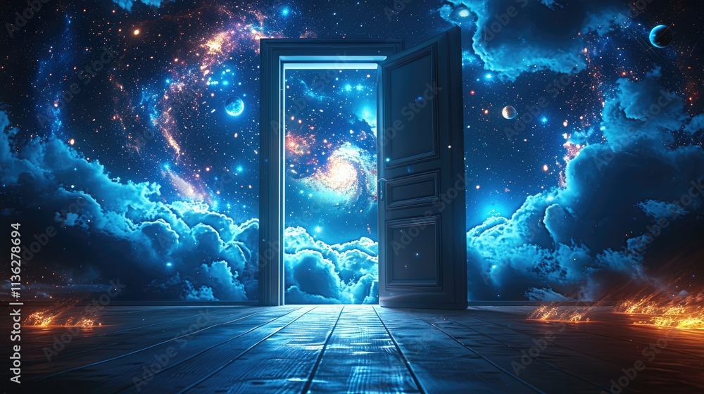 Poster 3d render of an open door leading to the universe, cosmic space with stars and galaxies, nebulae clo