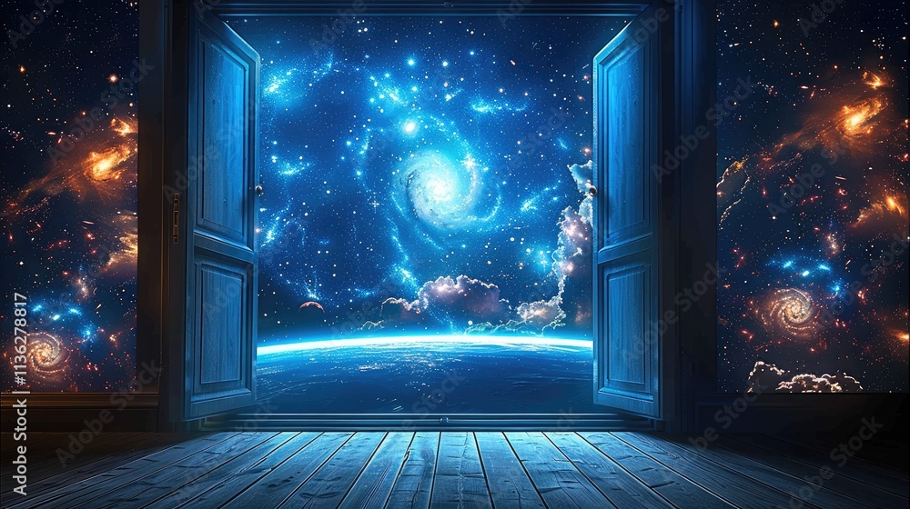 Poster 3d render of an open door leading to the universe, cosmic space with stars and galaxies, nebulae clo