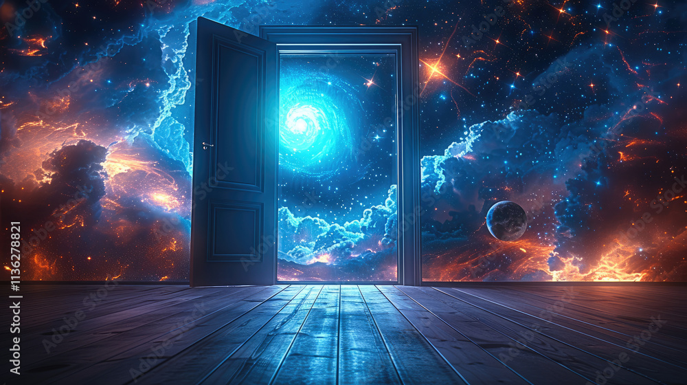 Poster 3d render of an open door leading to the universe, cosmic space with stars and galaxies, nebulae clo