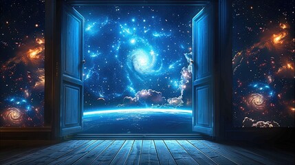 3d render of an open door leading to the universe, cosmic space with stars and galaxies, nebulae clouds in blue hues, floating small planets and celestial bodies in the sky.