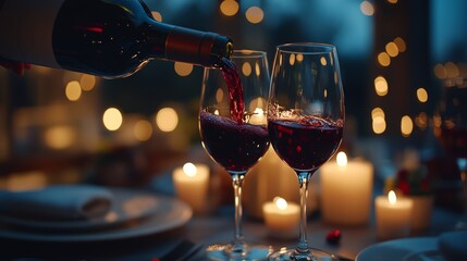 A photo of someone pouring red wine into glasses on an elegant table, surrounded by candles and soft lighting.