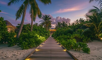 Fototapeta premium Beautifully lit wooden boardwalk lined with palm trees, leading to a tranquil tropical beach at dusk, illuminated by soft, glowing lights.