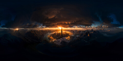 Futuristic island  with 2 suns 8K VR 360 Equirectangular Spherical Panorama