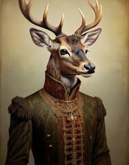 Majestic Deer Portrait in Ornate Green Royal Attire | Anthropomorphic Fantasy Animal Art