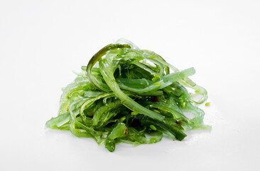 Close up of kelp shreds isolated on white background