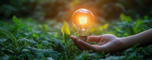 Renewable energy landscape with windmills and solar panels, hand holding a light bulb, symbolizing clean energy and sustainable development