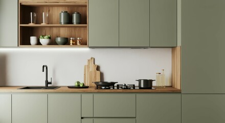 Modern minimalist kitchen, sage green cabinets, wooden accents, open shelving, built-in appliances, white countertop, stainless steel sink, cooking utensils, sleek design, contemporary aesthetic, orga