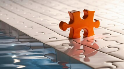 Orange Puzzle Piece on White Jigsaw Path over Water, Solution, Connection, and Problem Solving Concept